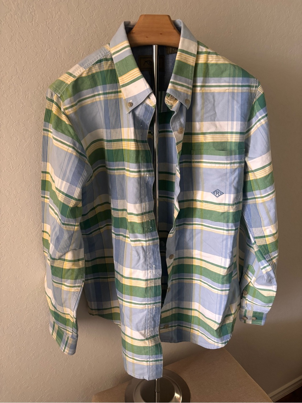 Vintage Roper Plaid Western Shirt Pastel Blue Green Yellow Cotton Womens Large